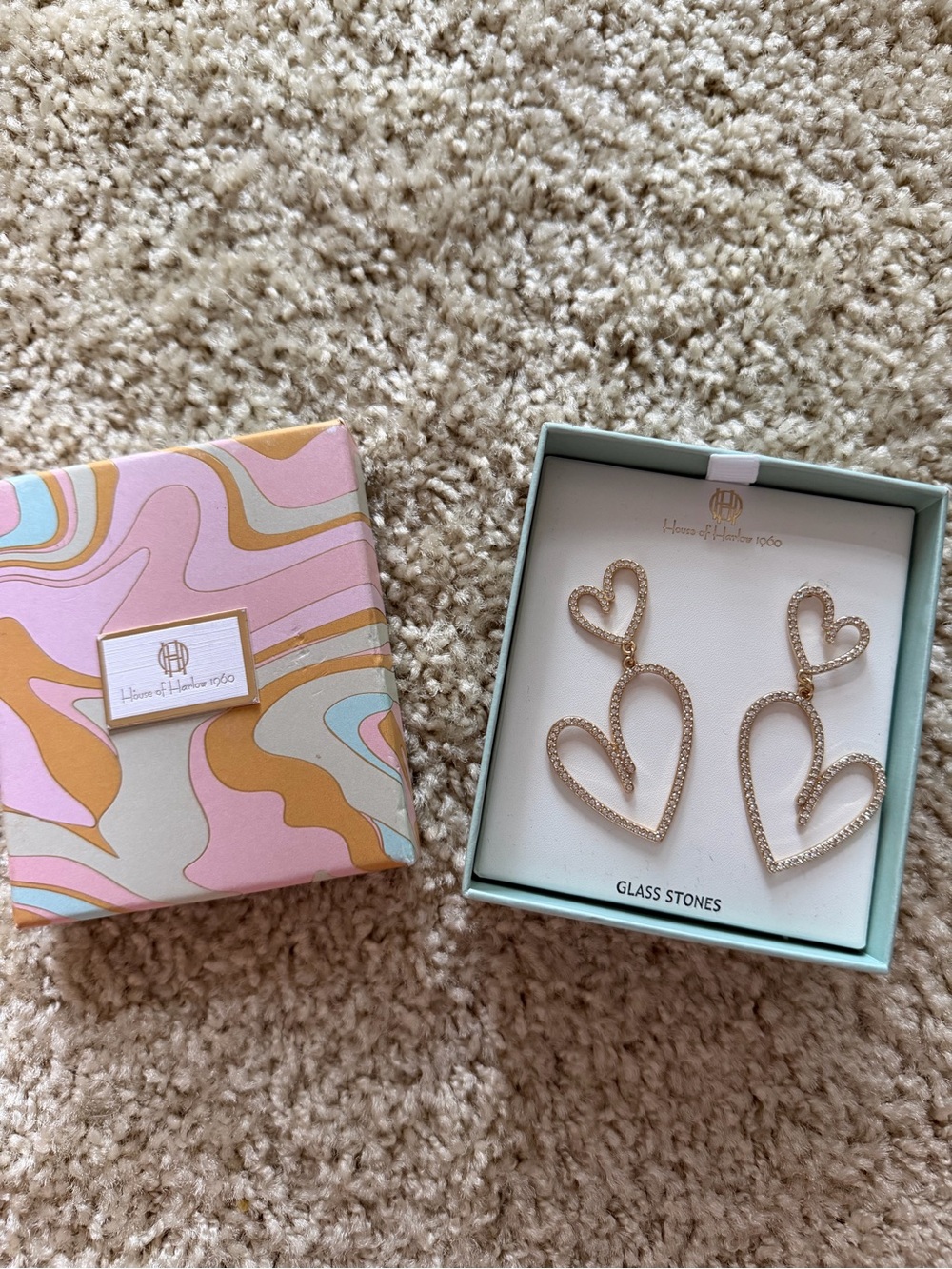 House of Harlow 1960 Rose Gold Double Heart Drop Earrings - Picture 1 of 1